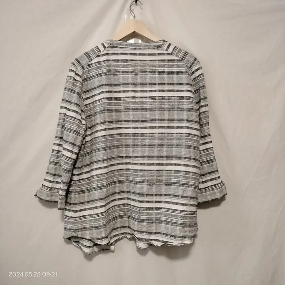 Anne Klein size Large Gray Off White Striped Linen Blend Button Up Shacket - Picture 4 of 11